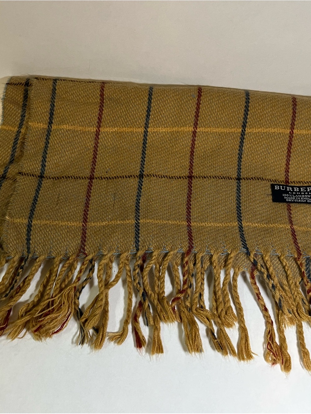 Burberry Yellow Plaid Lambswool Scarf with Red & Navy Accents